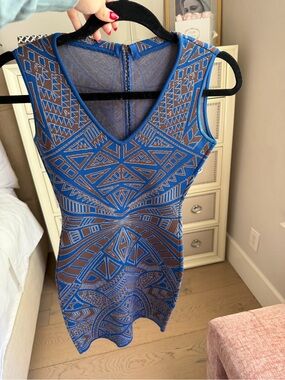BCBGMaxAzria Blue and Brown Geometric Mini Dress